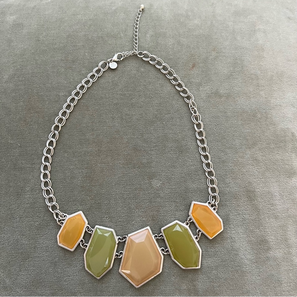 Vintage Yellow + Green Stone Statement Necklace with Double Link Chain